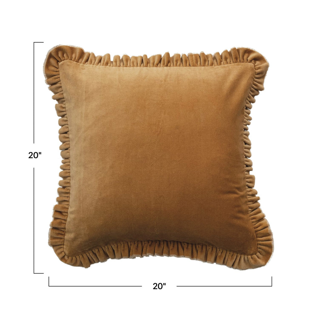 20" Square Cotton Velvet Pillow with Ruffled Trim, Mustard Color