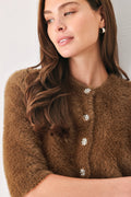 CAMEL CLASSIC CAMEL/OFF WHITE ELBOW-SLEEVE CARDIGAN
