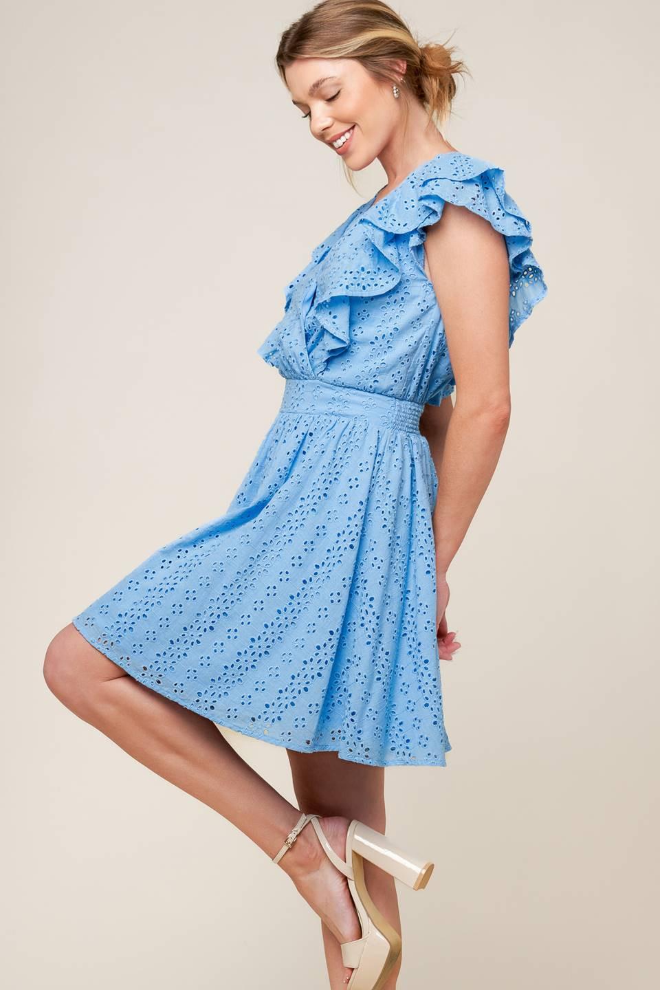 KEEP ME CLOSE POWDER BLUE WOVEN MINI DRESS