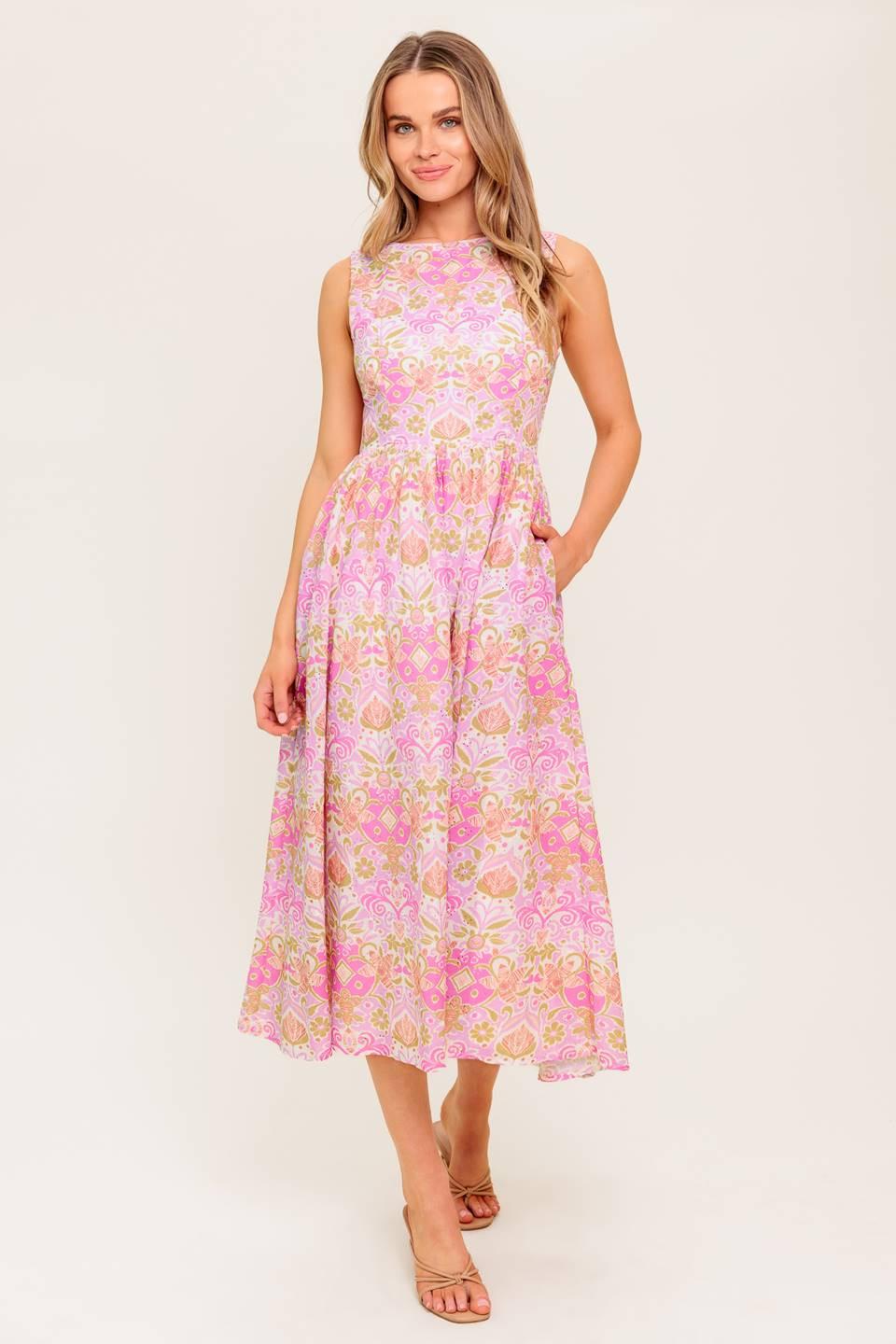 UNDER THE SUN PINK WOVEN MIDI DRESS