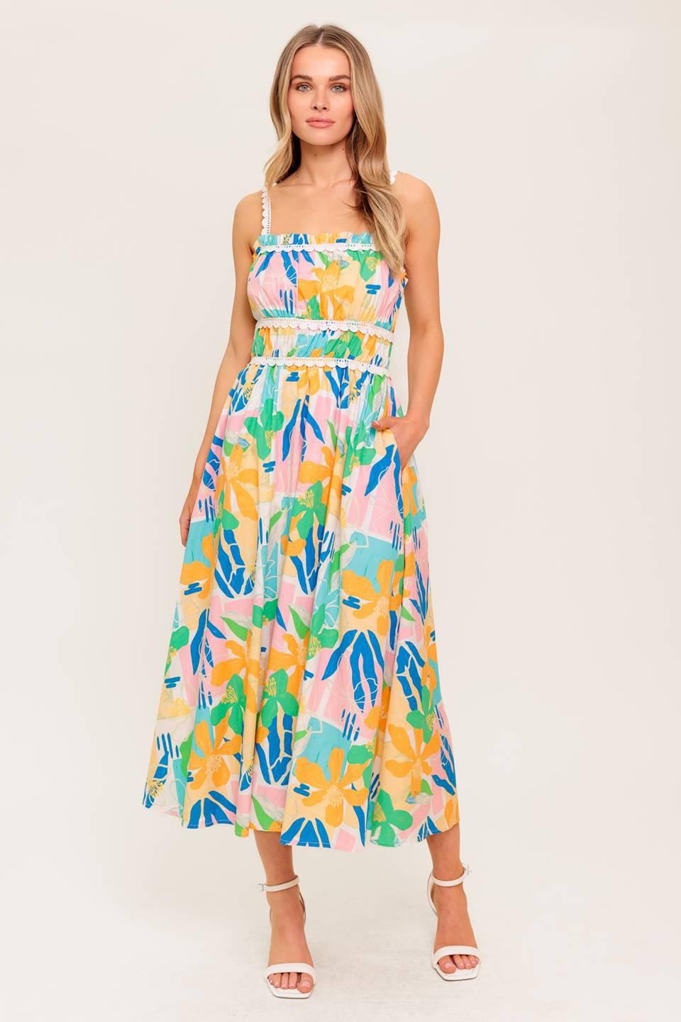 SUNLIT GARDEN PINK BLUE WOVEN MIDI DRESS