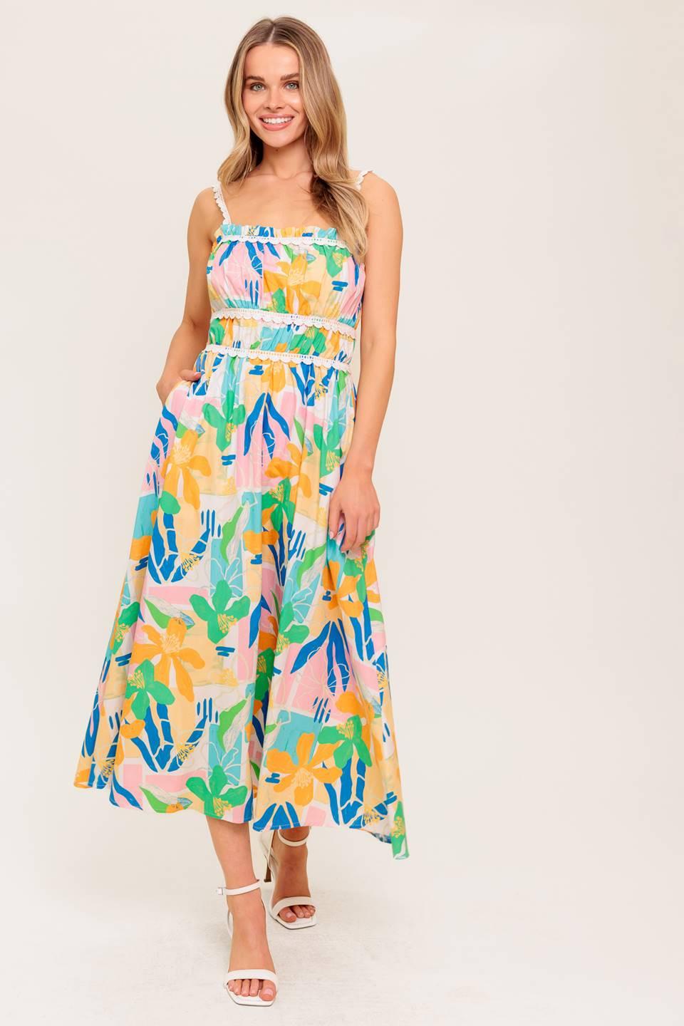 SUNLIT GARDEN PINK BLUE WOVEN MIDI DRESS
