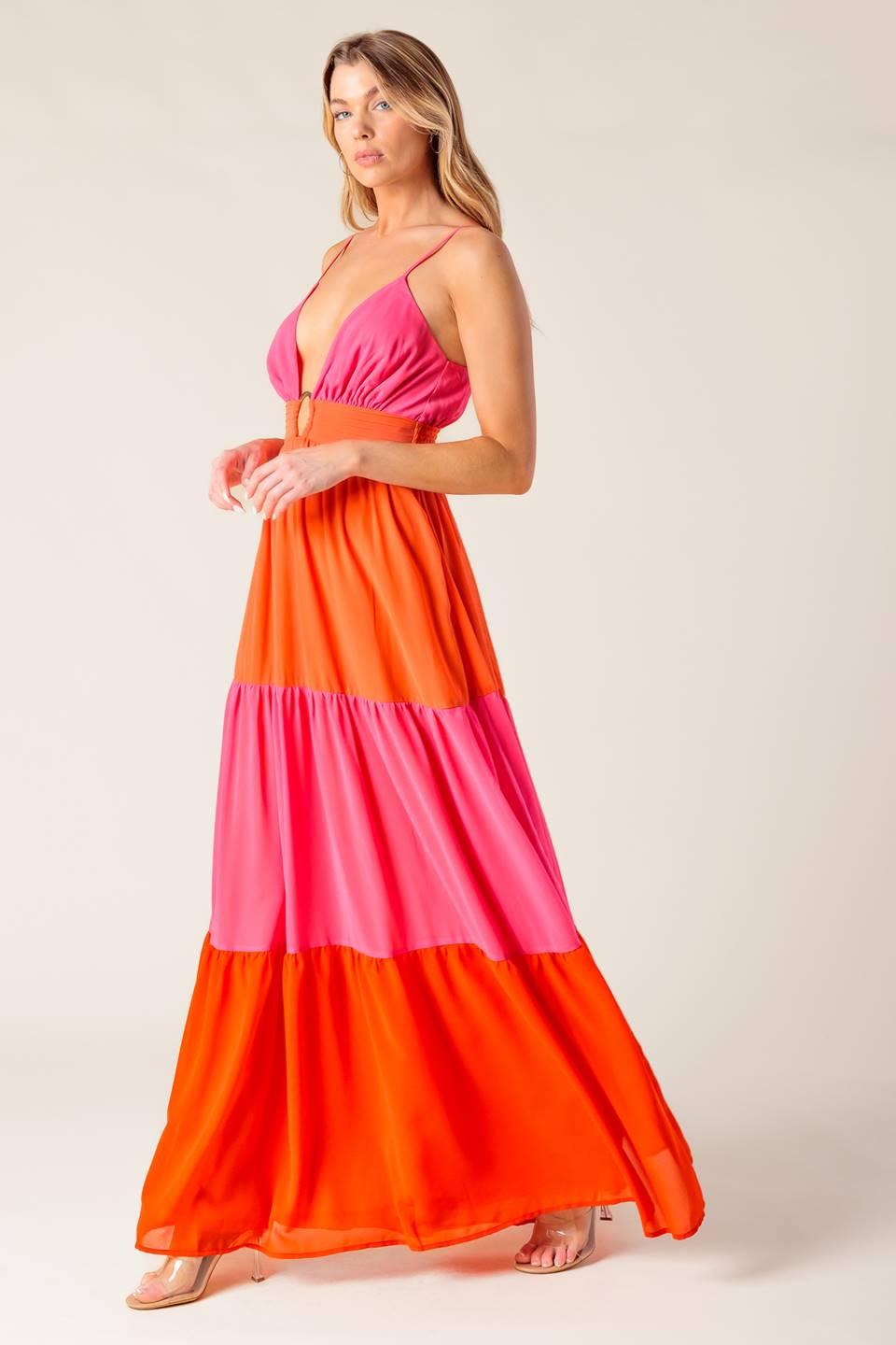 REGAL RISE WOVEN COLOR BLOCKED MAXI DRESS