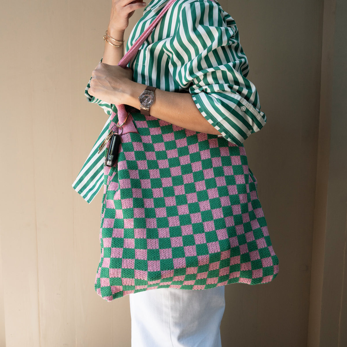 Pink and Green Checkered Tote