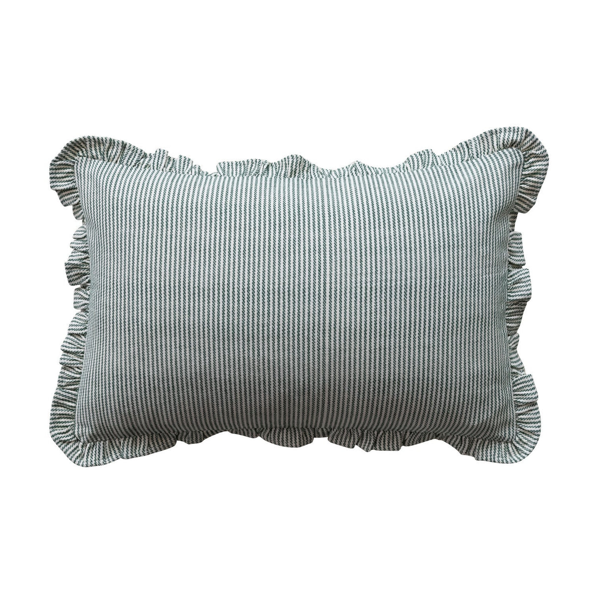 Woven Cotton Striped Lumbar Pillow with Ruffle – Cream & Green | 24"