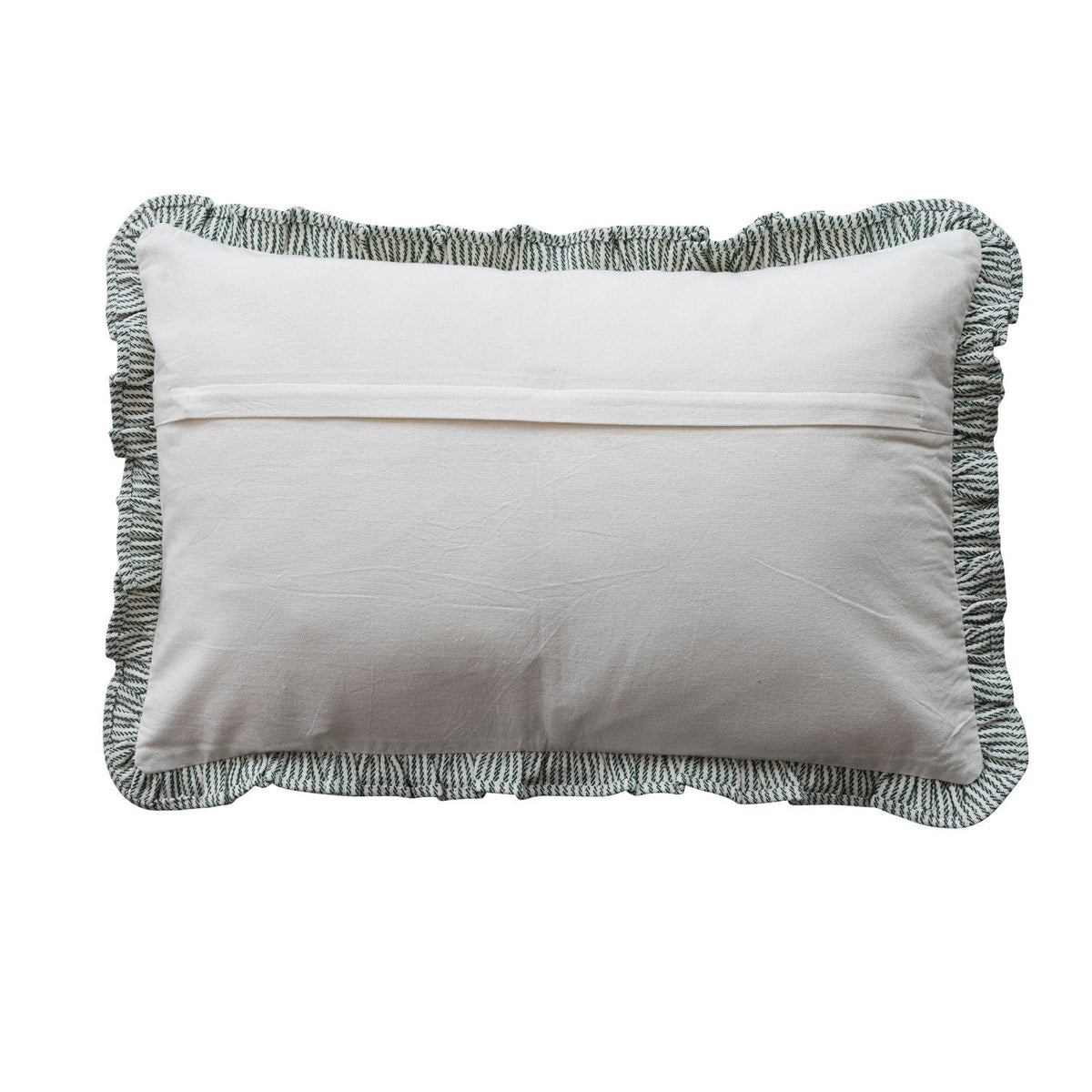 Woven Cotton Striped Lumbar Pillow with Ruffle – Cream & Green | 24"