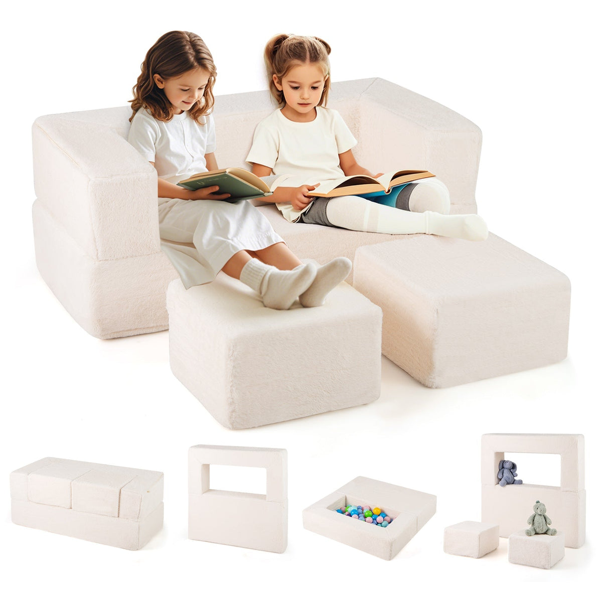 Modular Kids Sofa Couch Convertible Foam Armchair for Children-Beige