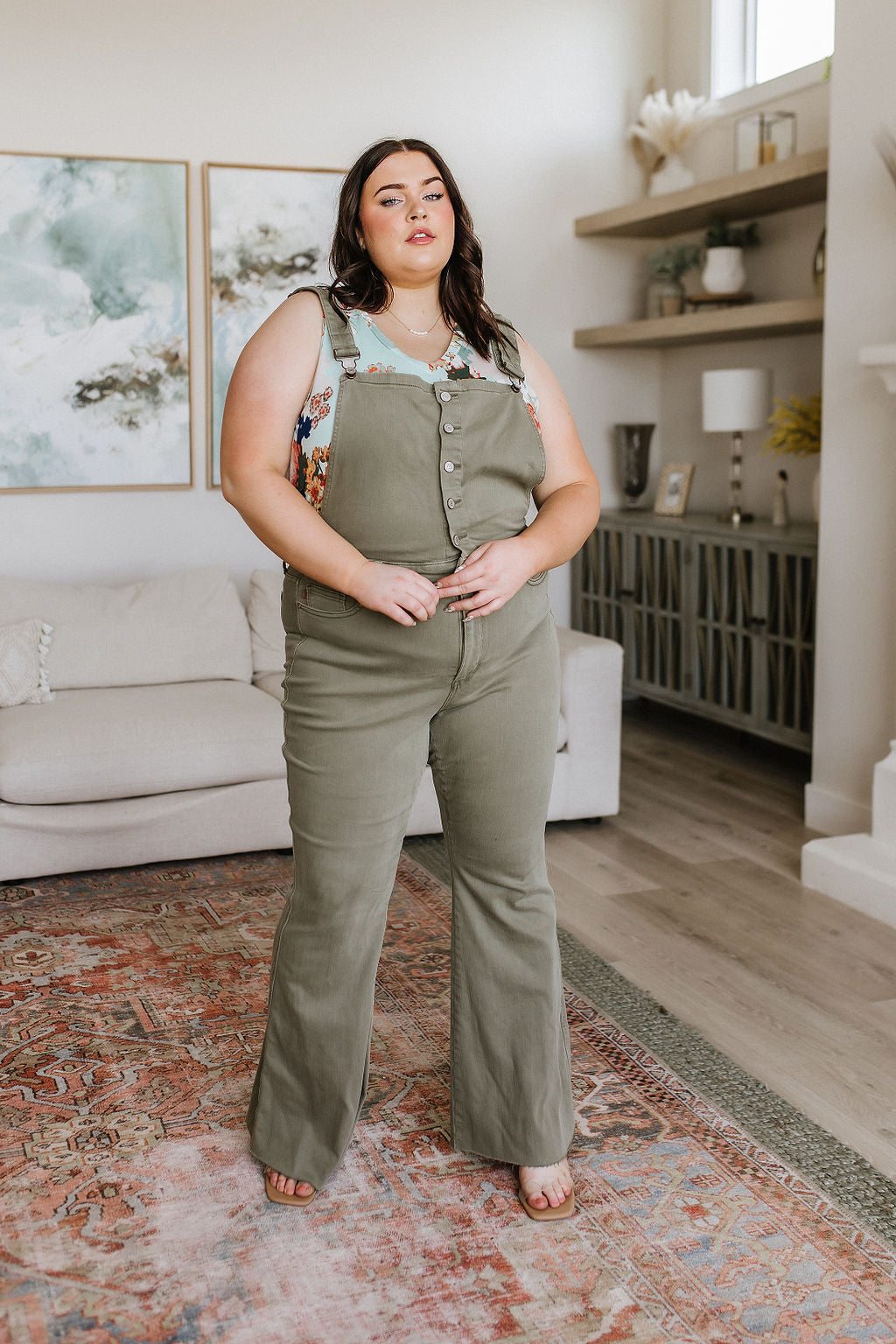 Olivia Control Top Release Hem Judy Blue Overalls in Olive