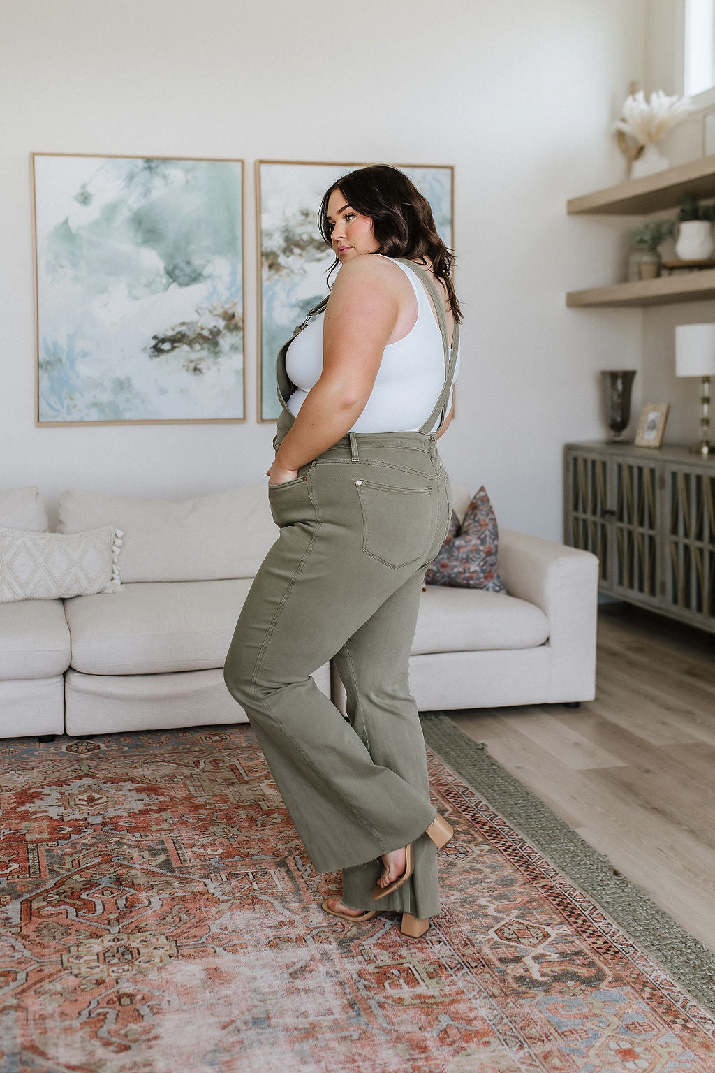 Olivia Control Top Release Hem Judy Blue Overalls in Olive