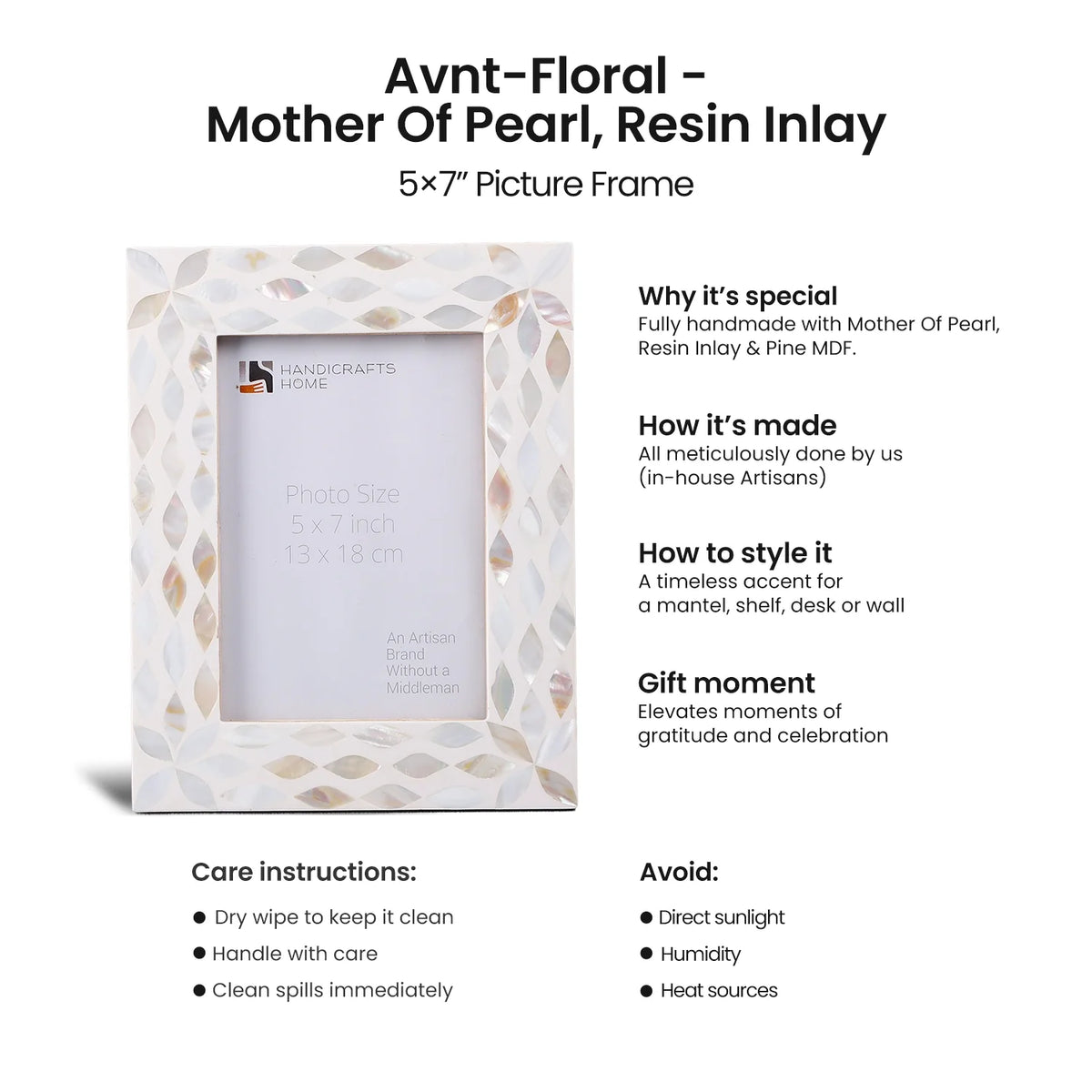 Picture Frames Avant Floral Collection Mother of Pearl Resin Inlay White 5x7"