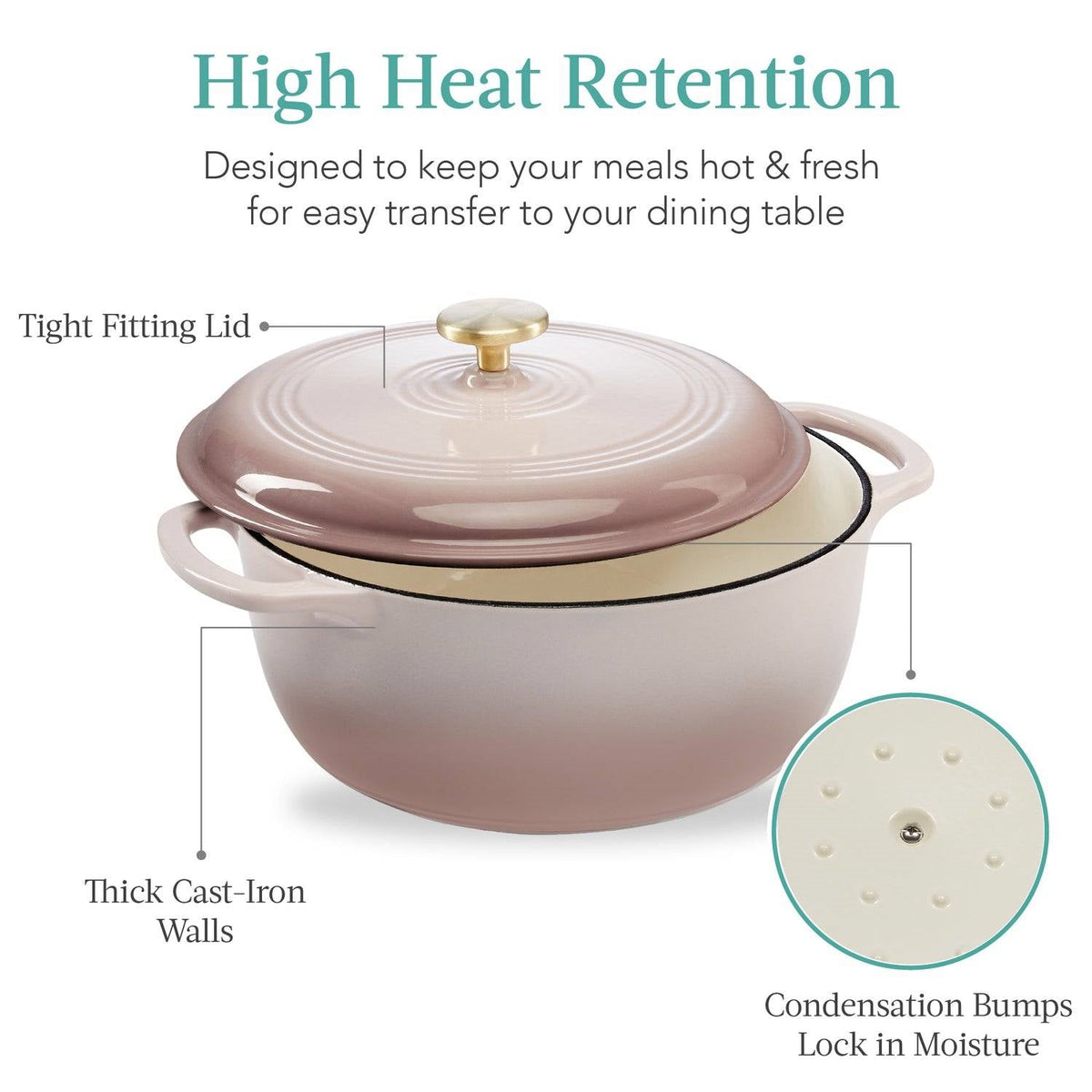 6 Quart Pink Beige Enamel Cast-Iron Dutch Oven