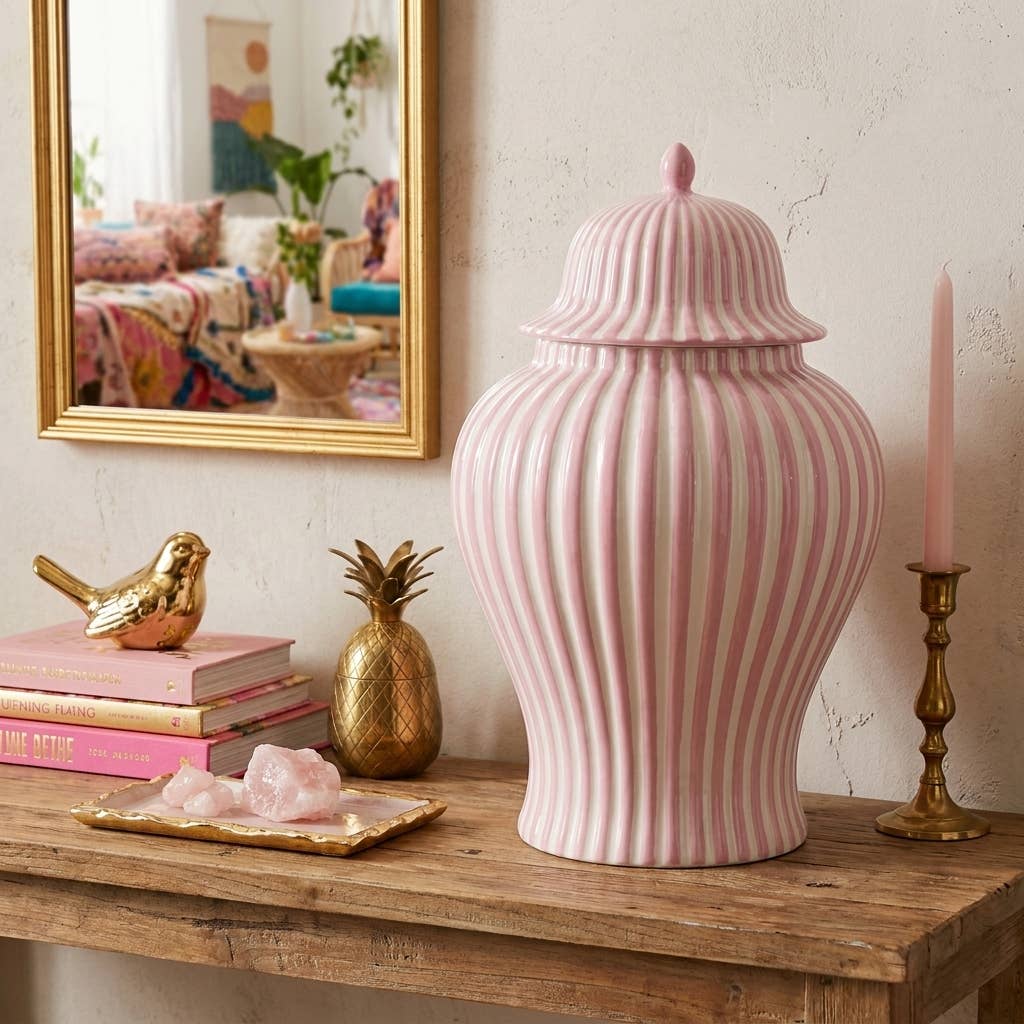 Pink & White Candy Cane Striped Ceramic Vase – 18"