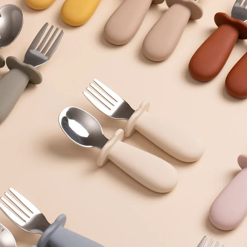 2PCS Baby Tableware Set – Stainless Steel Food Feeding Spoon & Fork, Silicone Handle Utensils for Infants & Toddlers, BPA-Free Cutlery Set