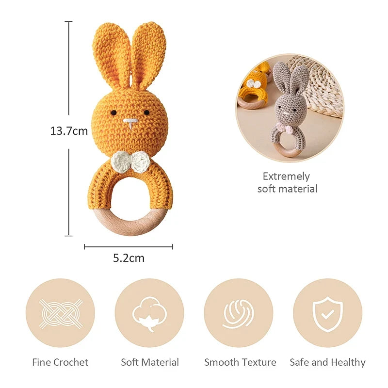 TYRY.HU Baby Small Rabbit Wooden Rattle & Teether - Mobile Pram Crib Ring, DIY Crochet Rattle Soother Bracelet | BPA-Free