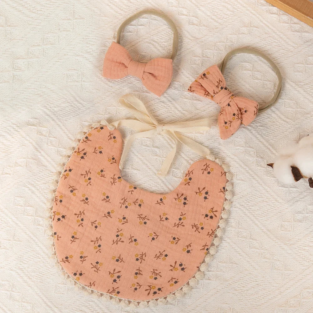 Baby Flower Bib & Headbands - 3 pcs