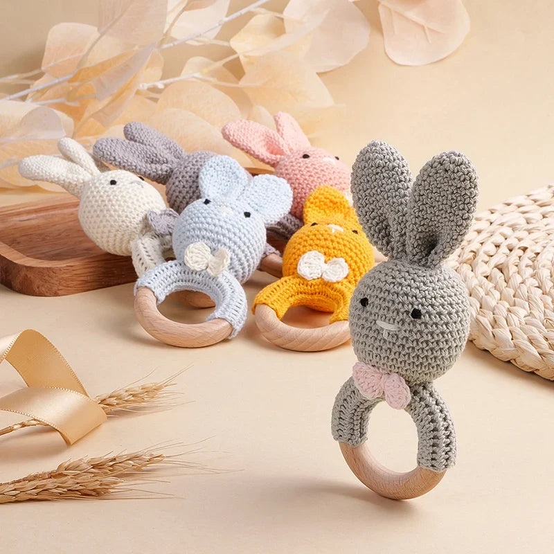 TYRY.HU Baby Small Rabbit Wooden Rattle & Teether - Mobile Pram Crib Ring, DIY Crochet Rattle Soother Bracelet | BPA-Free