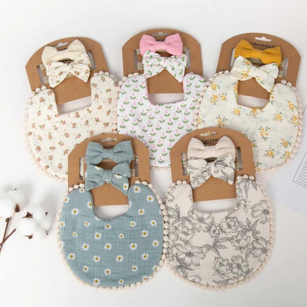 Baby Flower Bib & Headbands - 3 pcs