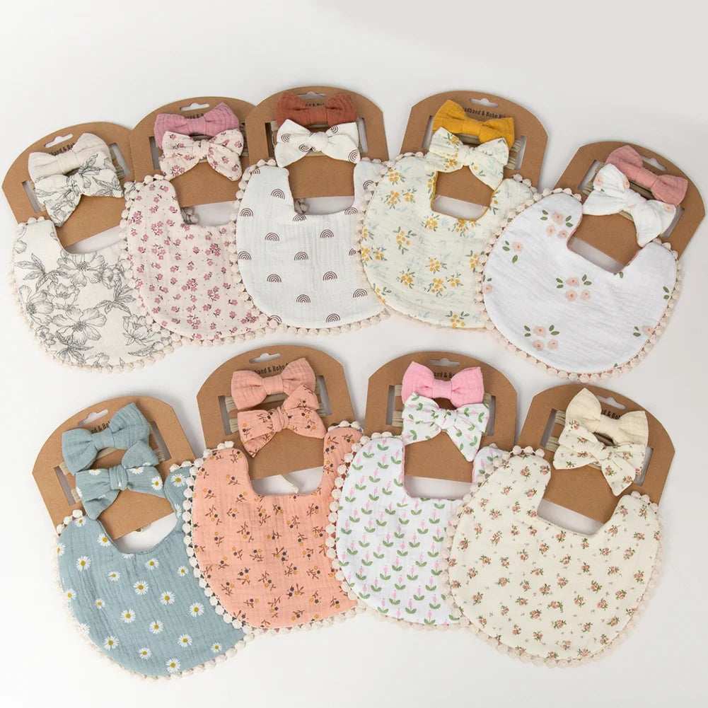 Baby Flower Bib & Headbands - 3 pcs