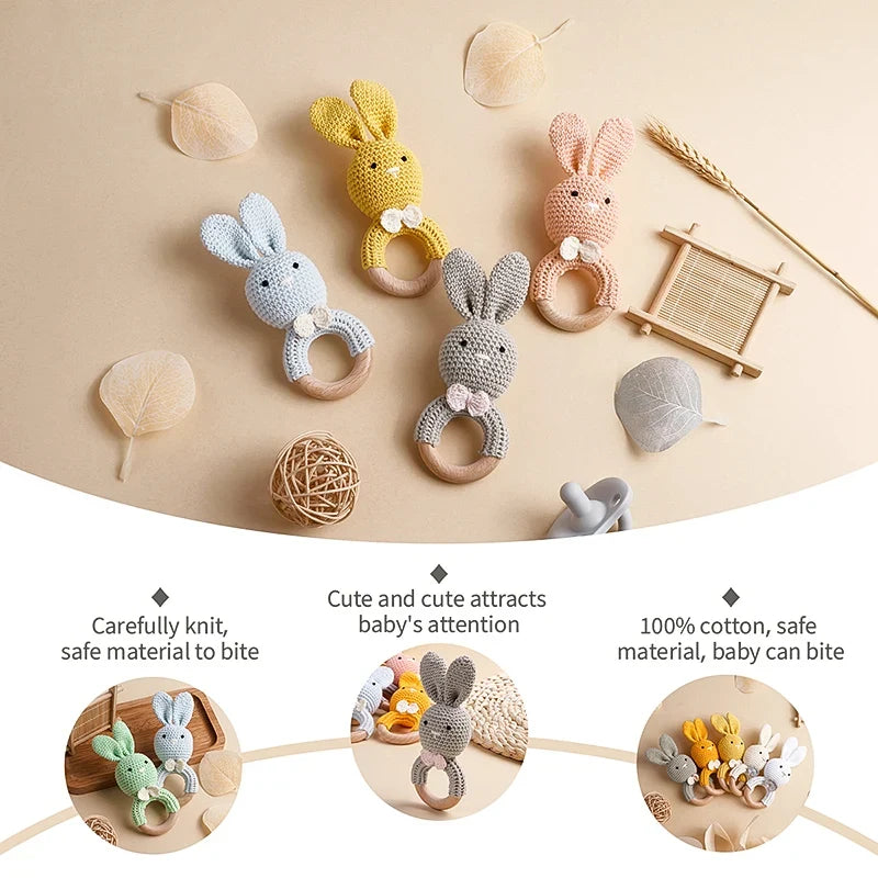 TYRY.HU Baby Small Rabbit Wooden Rattle & Teether - Mobile Pram Crib Ring, DIY Crochet Rattle Soother Bracelet | BPA-Free
