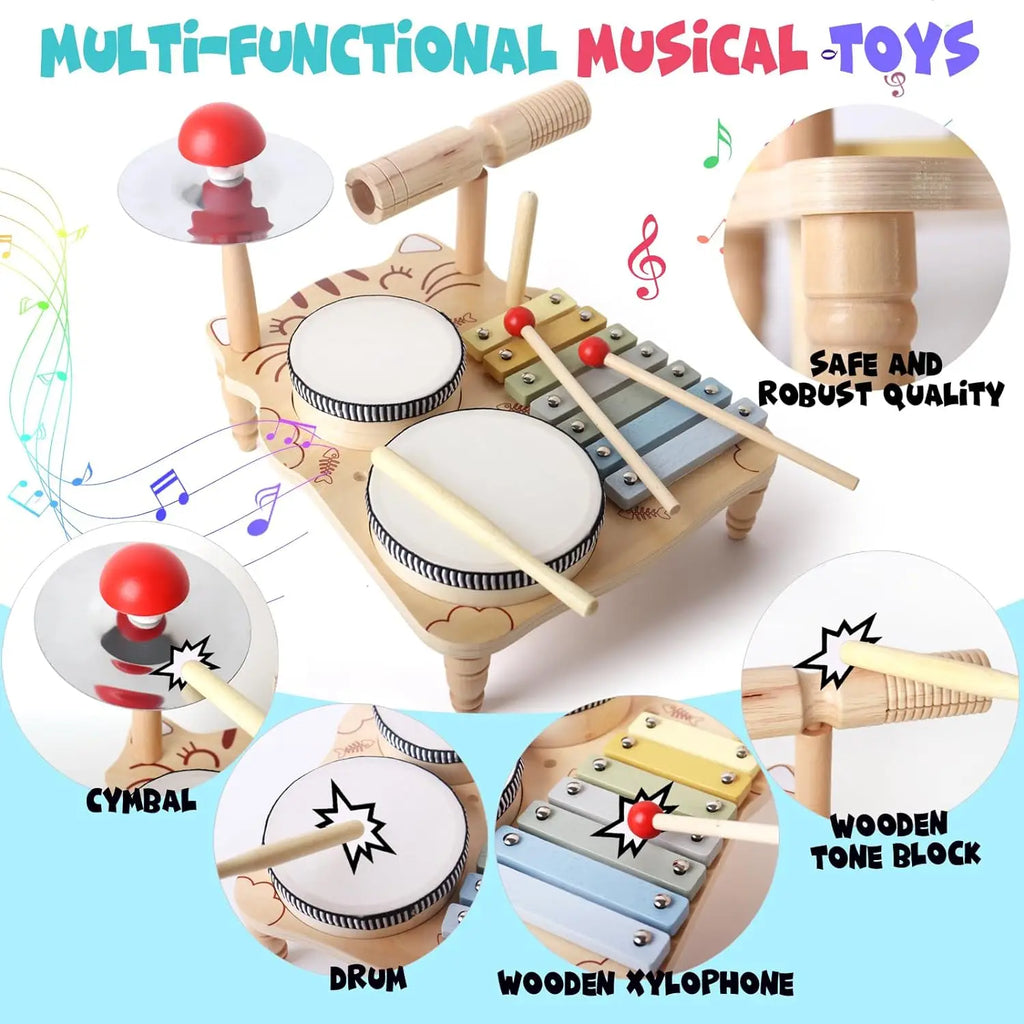 Wooden Xylophone Drum Set for Toddlers – Montessori Baby Musical Instruments, Drum Set Percussion Toys, Ideal for Early Learning and Development.