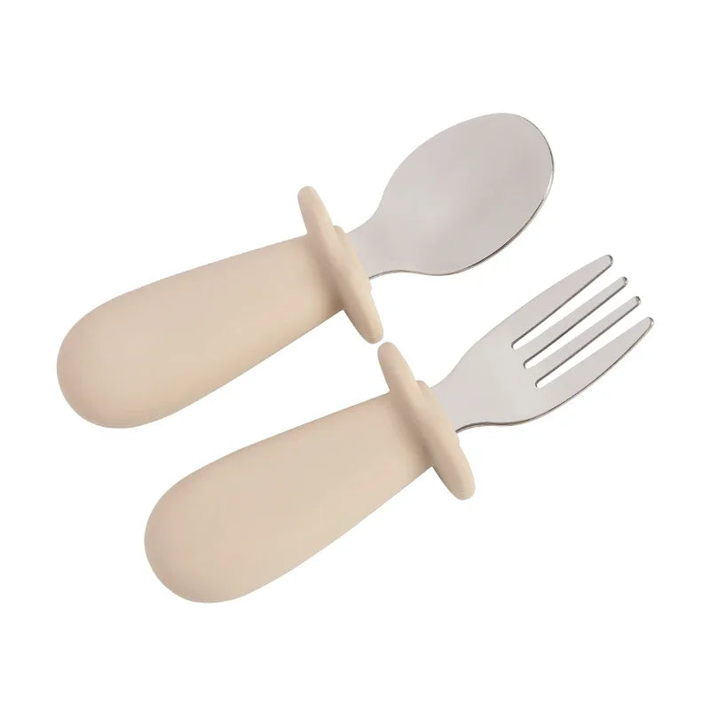 2PCS Baby Tableware Set – Stainless Steel Food Feeding Spoon & Fork, Silicone Handle Utensils for Infants & Toddlers, BPA-Free Cutlery Set