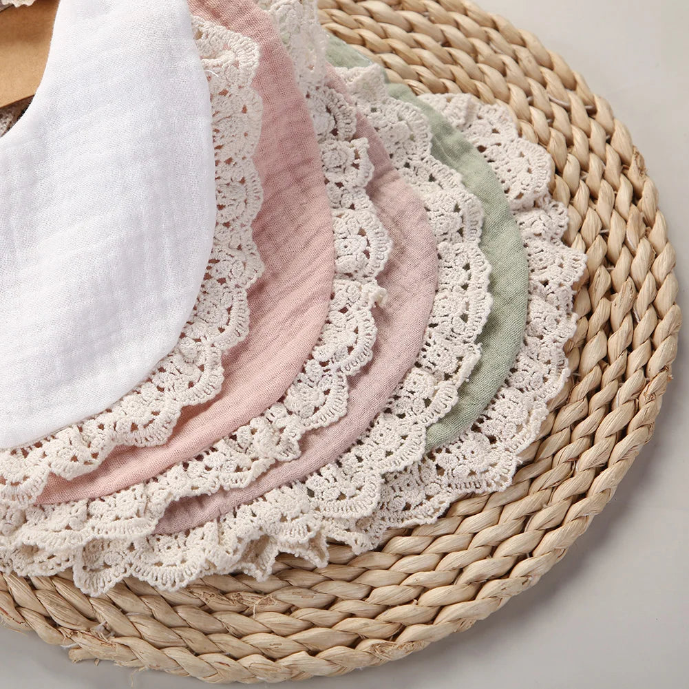 3Pcs/Set Muslin Cotton Bamboo Baby Bibs with Tassel Lace | Adjustable Feeding Drool Burp Cloths for Boys & Girls | Infant Scarf Towel Set