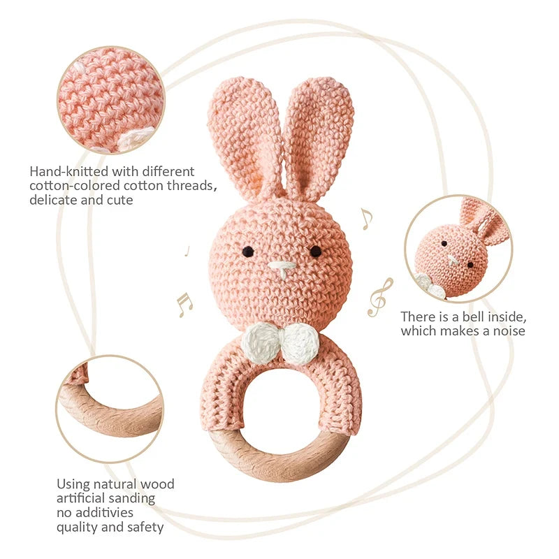 TYRY.HU Baby Small Rabbit Wooden Rattle & Teether - Mobile Pram Crib Ring, DIY Crochet Rattle Soother Bracelet | BPA-Free