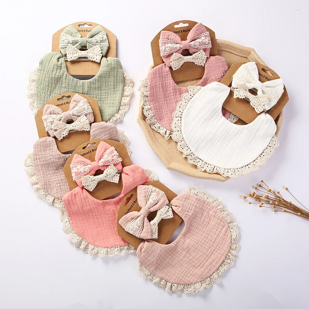 3Pcs/Set Muslin Cotton Bamboo Baby Bibs with Tassel Lace | Adjustable Feeding Drool Burp Cloths for Boys & Girls | Infant Scarf Towel Set