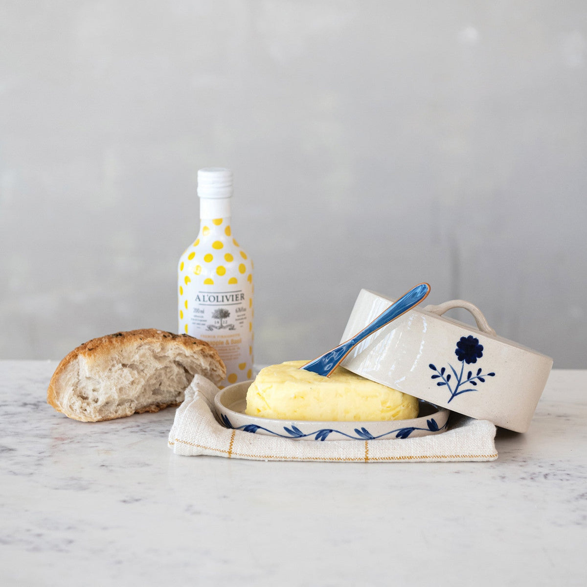 Hand-Painted Blue & White Stoneware Butter Dish with Flower
