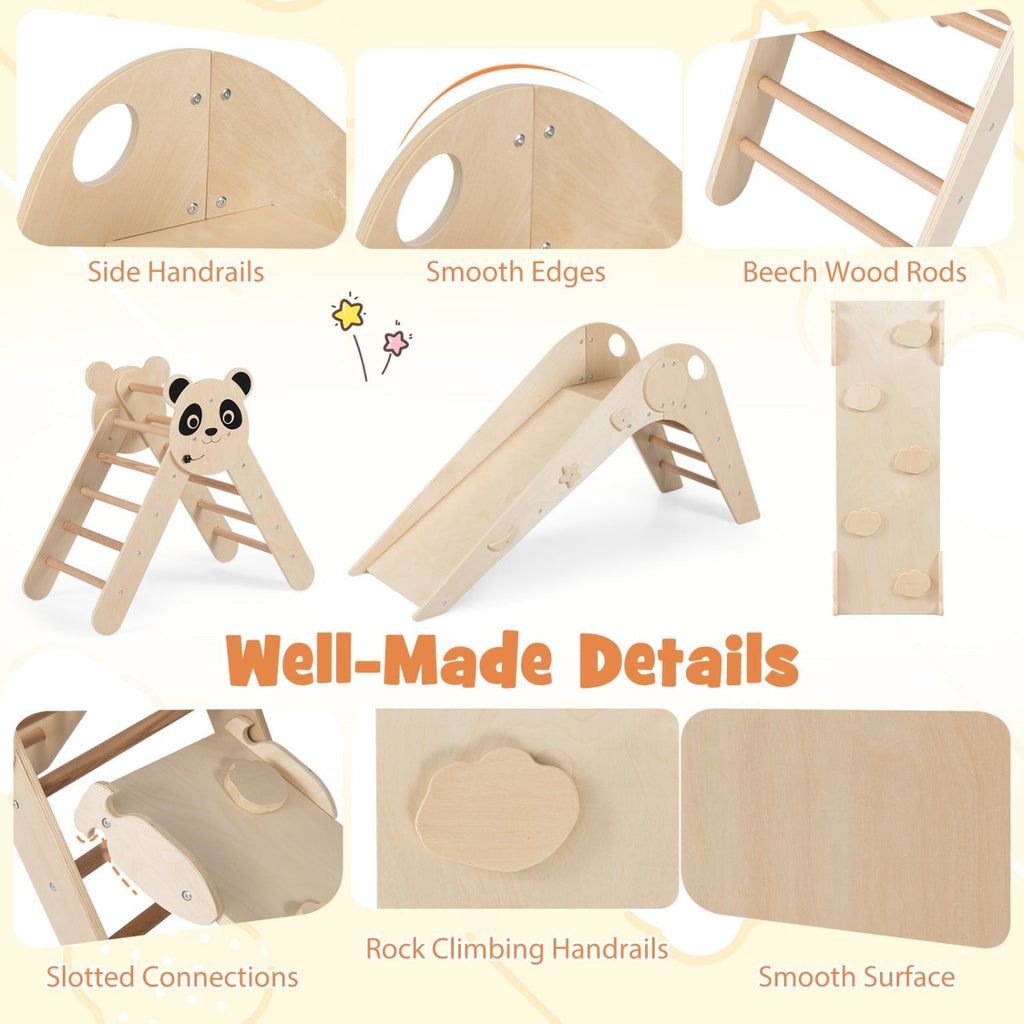 Triangle Set Foldable Kids Climbing Toys Panda-Themed Wood Montessori Climbing Set