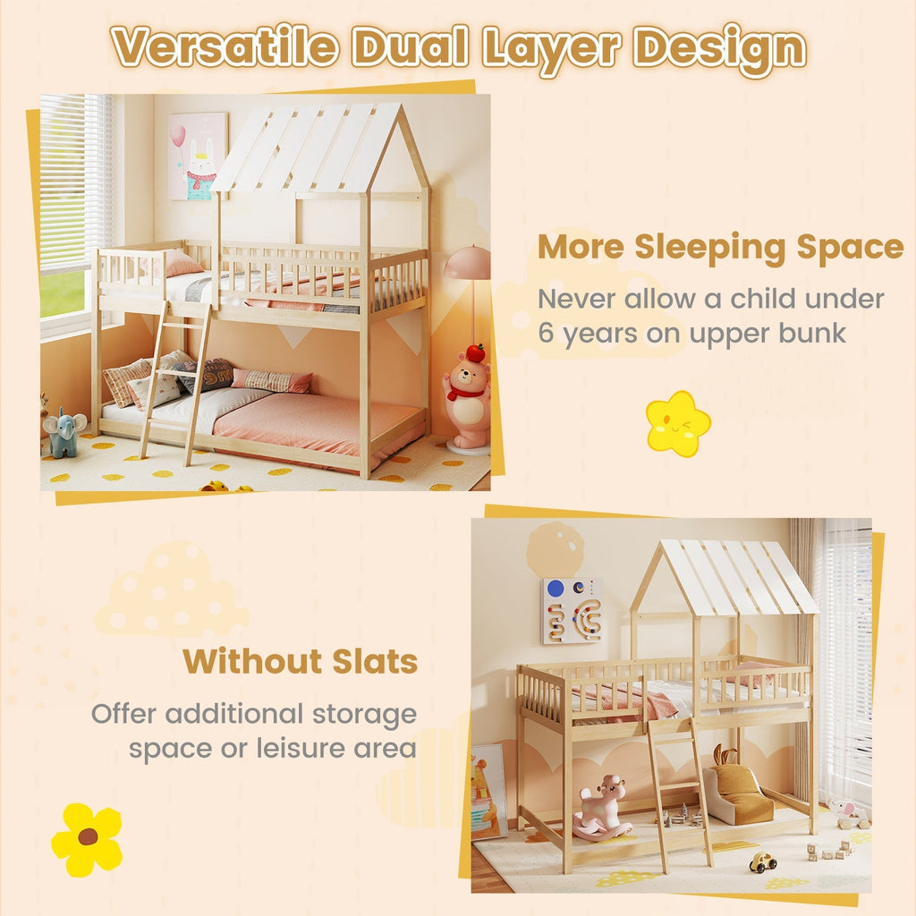 Twin Over Twin House Bunk Bed with Roof and Full-length Guardrails for Kids Teens Boys Girls