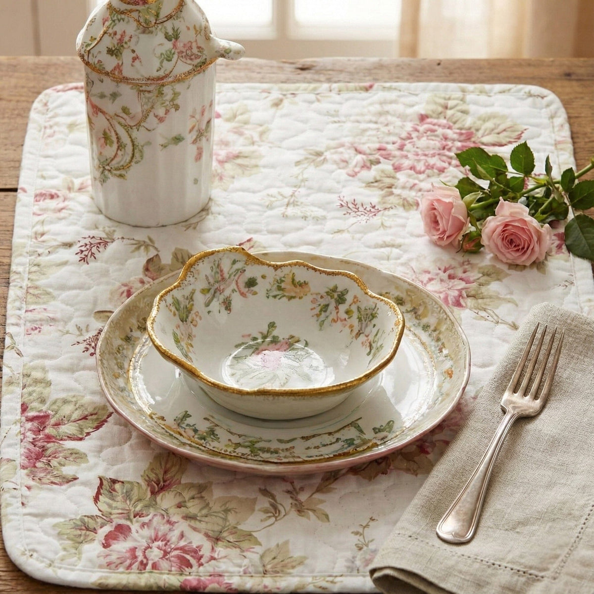 DaDa Bedding Set of 4-Pieces Dainty Cottage Floral Roses Quilted Cotton Dining Table Placemats 13” x 19” (3036)