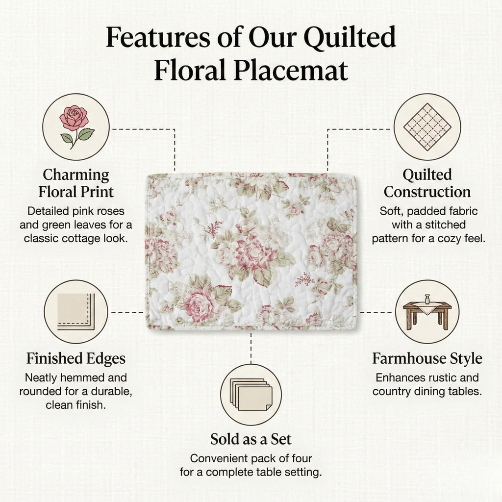 DaDa Bedding Set of 4-Pieces Dainty Cottage Floral Roses Quilted Cotton Dining Table Placemats 13” x 19” (3036)