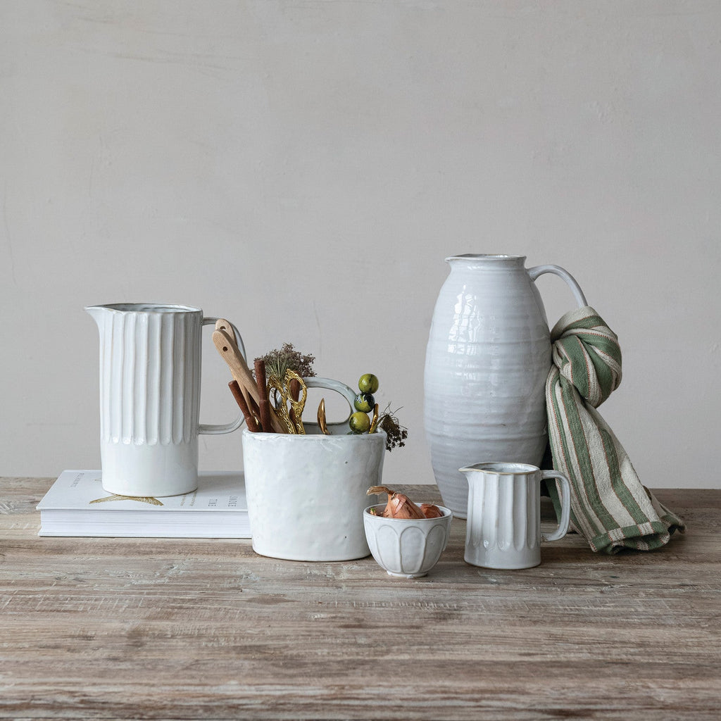 White Ribbed Stoneware Pitcher – 1-3/4 Quart