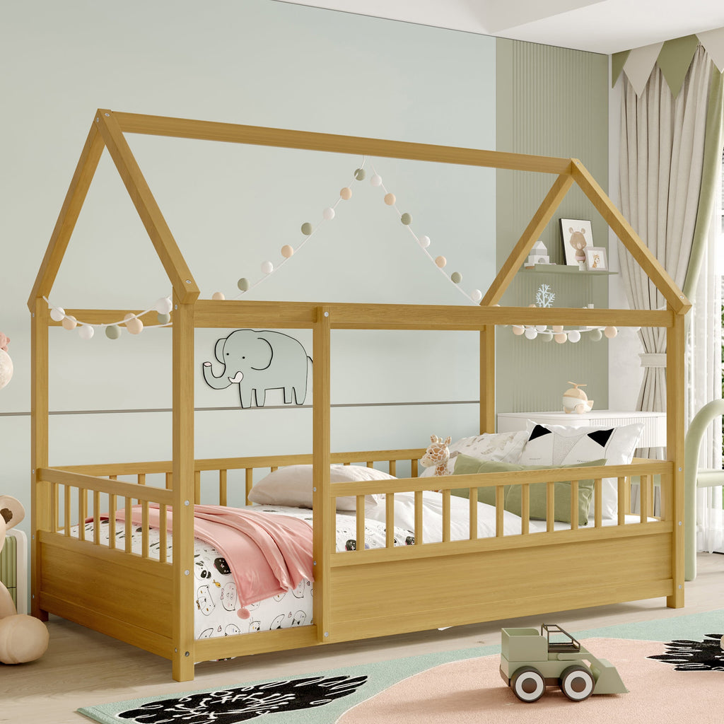 Twin Size Floor Wooden Bed with House Roof Frame - Pine