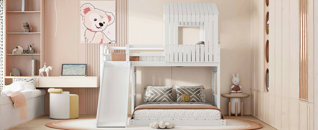 Loft Bunk Bed With Playhouse, Slide, and Guardrails - Twin Over Full