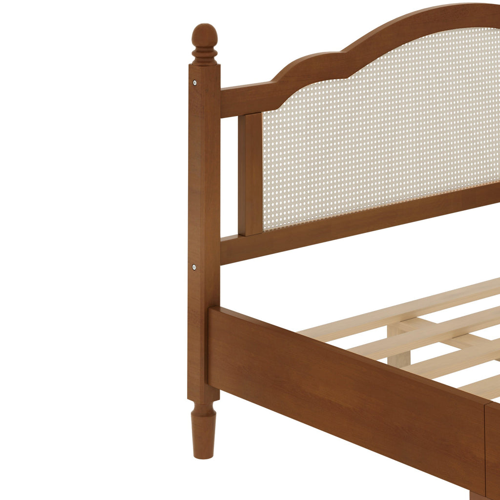 King Size Wooden Platform Bed with Rattan Headboard - Natural Wood