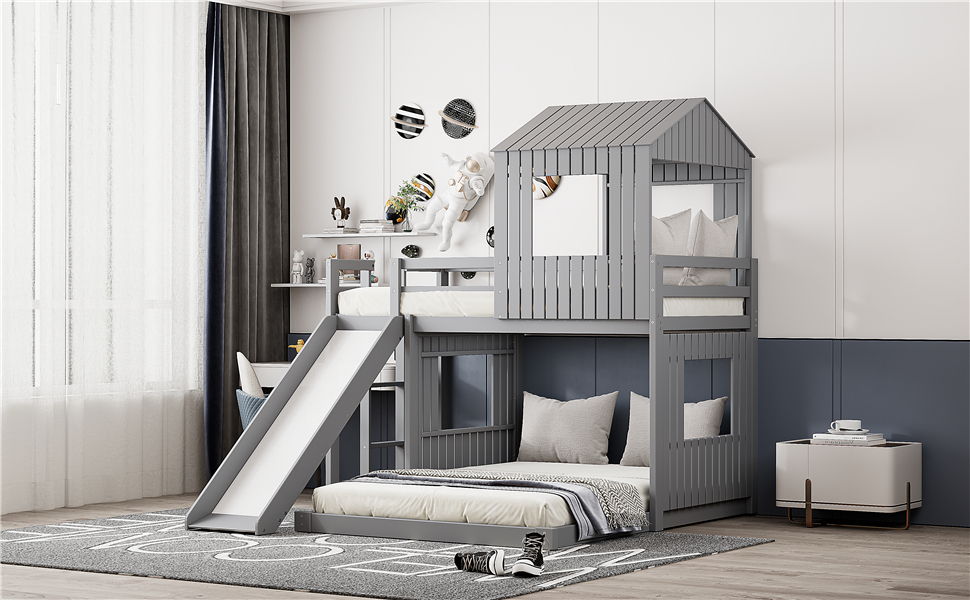 Loft Bunk Bed With Playhouse, Slide, and Guardrails - Twin Over Full