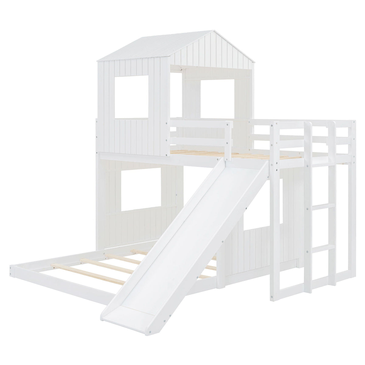 Loft Bunk Bed With Playhouse, Slide, and Guardrails - Twin Over Full