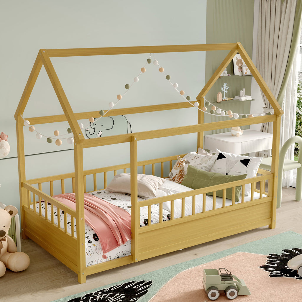 Twin Size Floor Wooden Bed with House Roof Frame - Pine