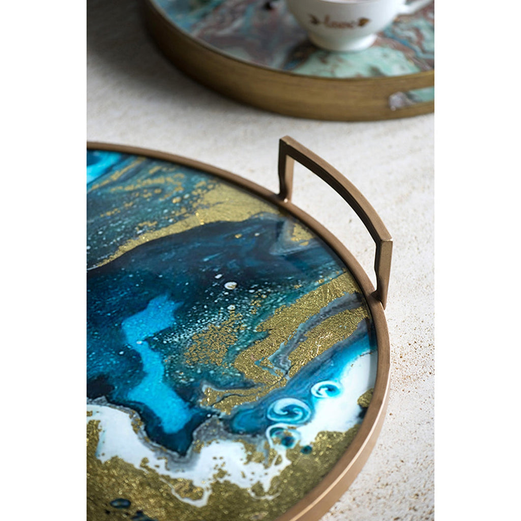 Round Accent Mirrored Tray with Handles - Blue & Gold