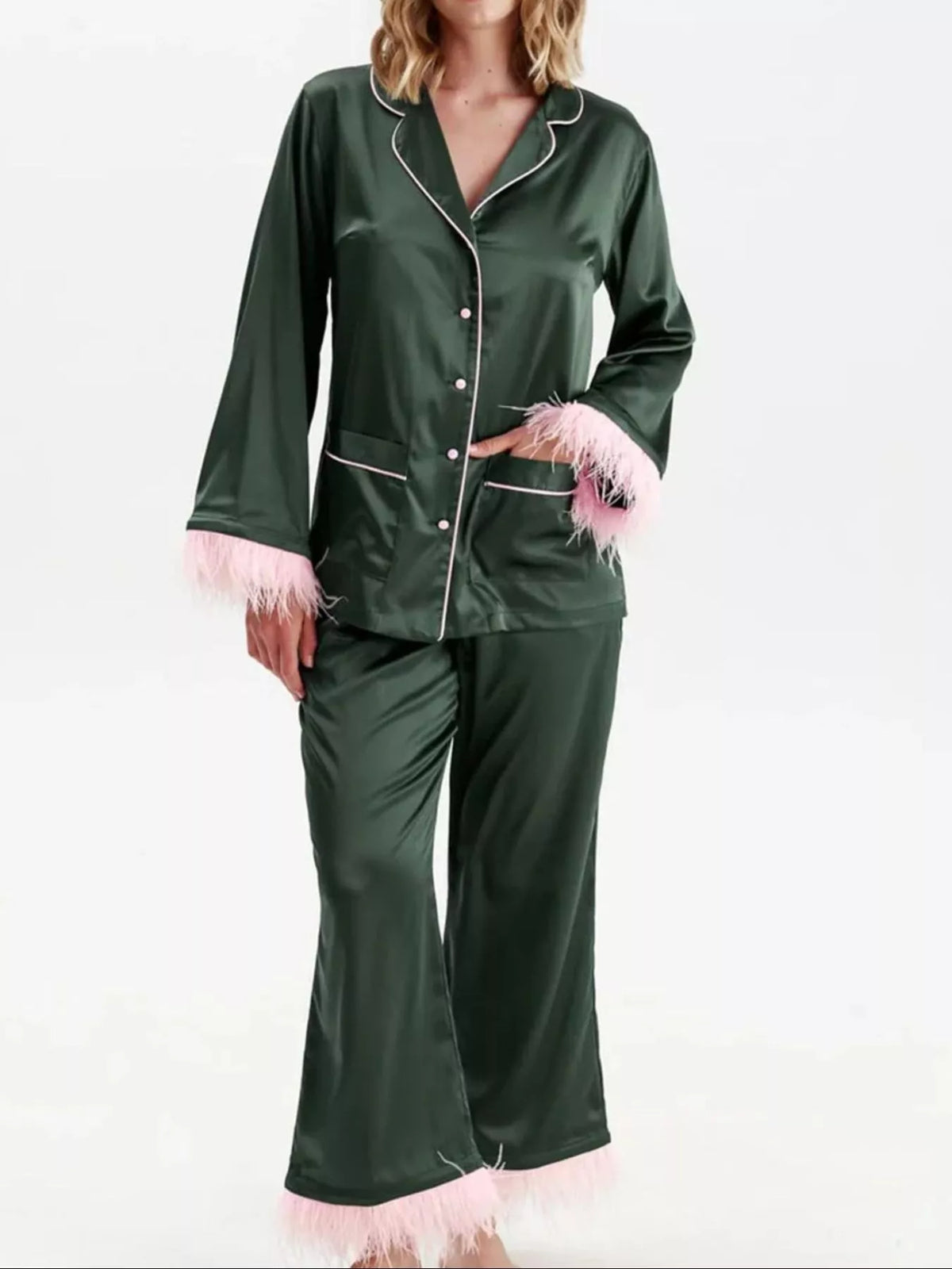 Silky Button Up Top and Pants Lounge Set
