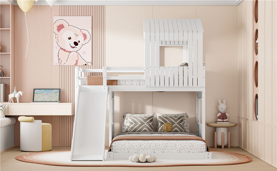 Loft Bunk Bed With Playhouse, Slide, and Guardrails - Twin Over Full