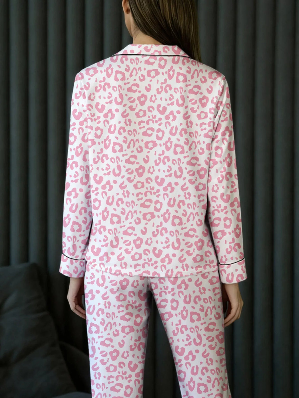 Leopard Print Button Up Top and Pants 2cps Pajama Set