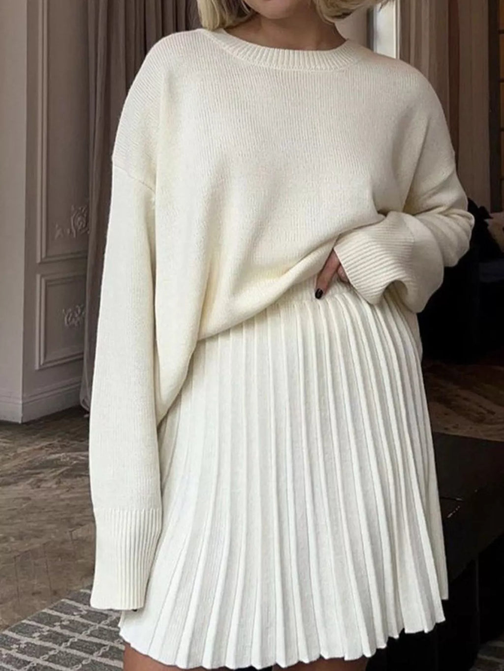 Round Neck Top and Pleated Skirt Sweater Set