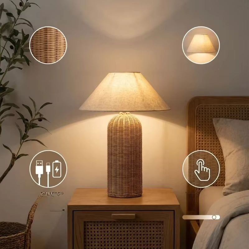 Natural Rattan and Fabric Table Light | Modern Coastal Desk Lamp