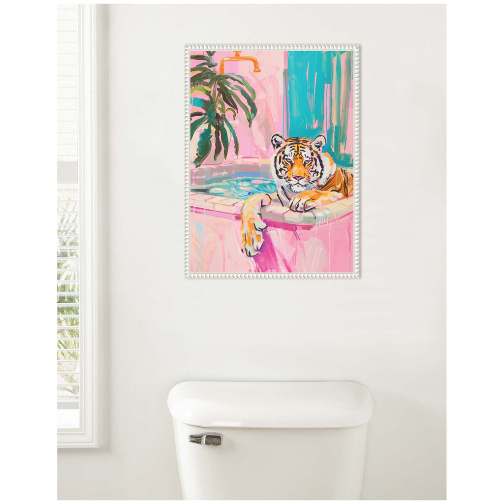 Sylvie Tiger Bathtub Vibrant Dopamine Decor Framed Canvas by Honey Island Studio