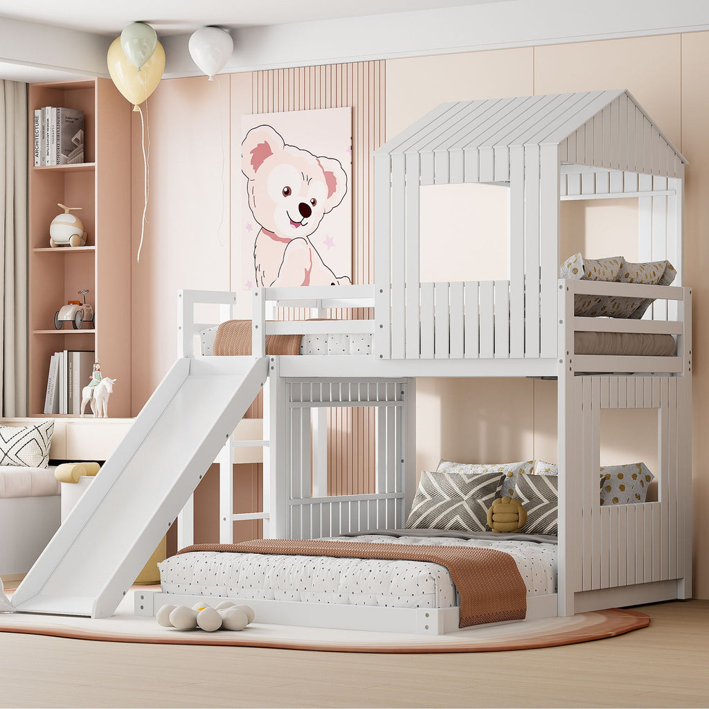 Loft Bunk Bed With Playhouse, Slide, and Guardrails - Twin Over Full
