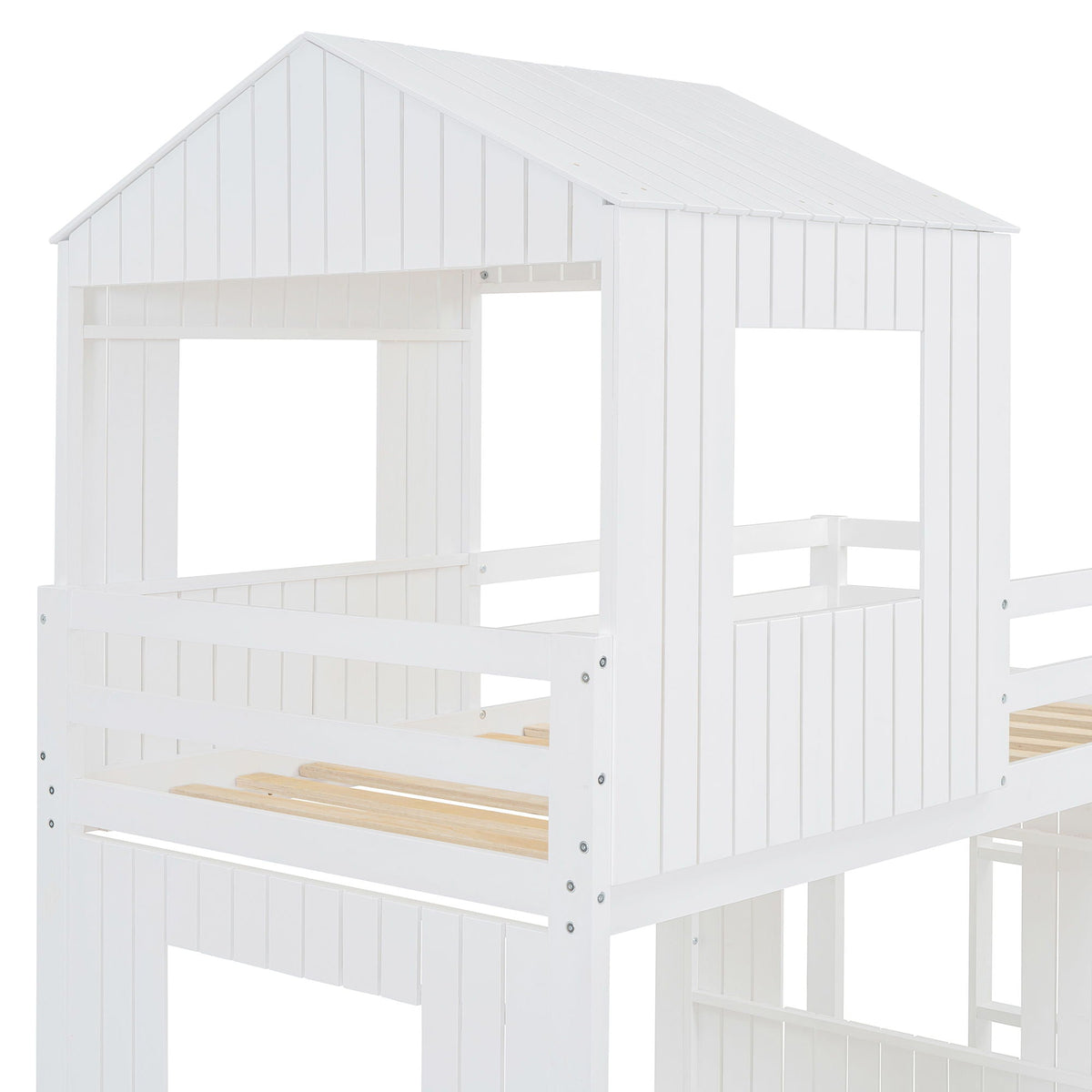 Loft Bunk Bed With Playhouse, Slide, and Guardrails - Twin Over Full