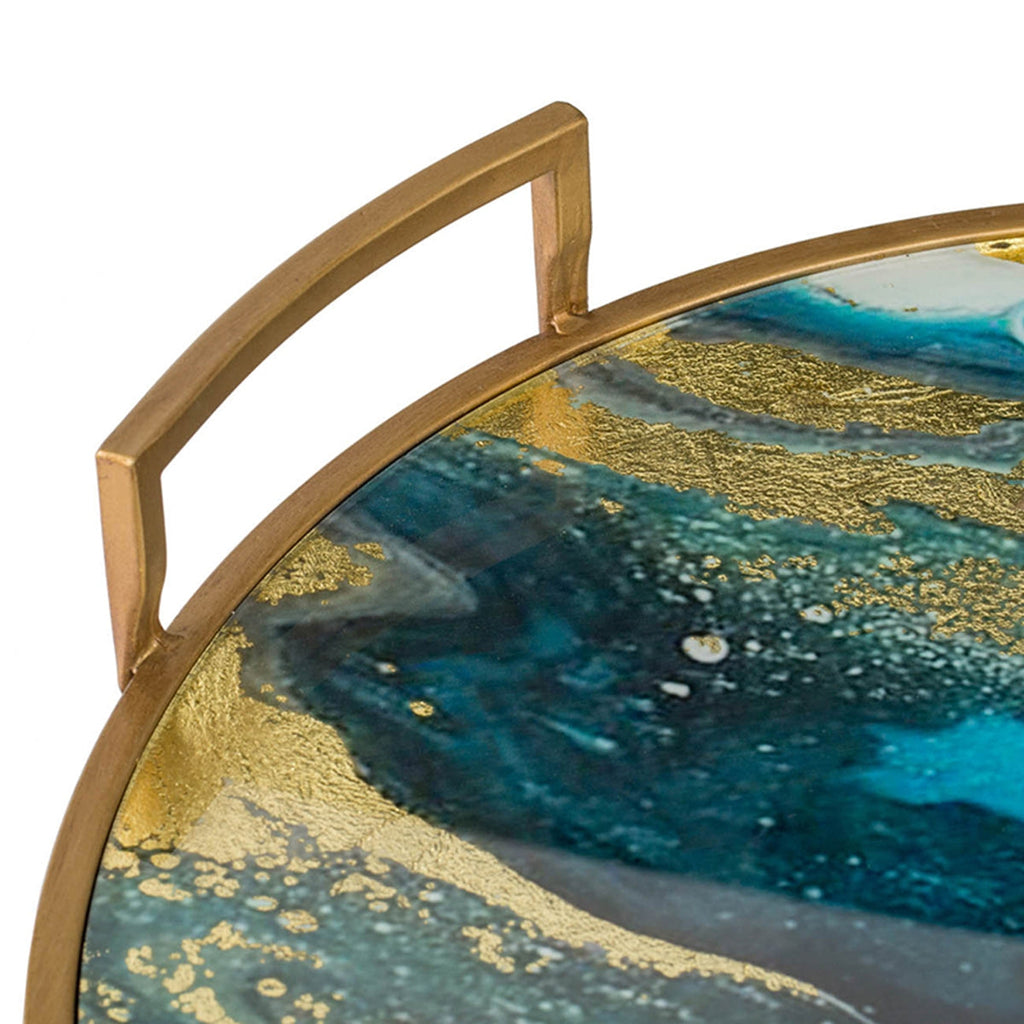 Round Accent Mirrored Tray with Handles - Blue & Gold